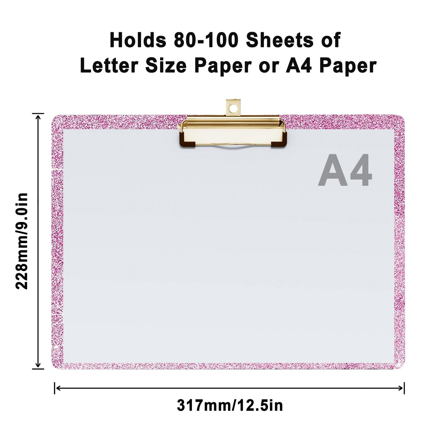 Glitter Acrylic Clipboard Horizontal, A4 Letter Standard Size, Cute Clipboards with Low Profile Clip for Drawing, Office Art Supplies - Warm Pink（9" x 12.5"）