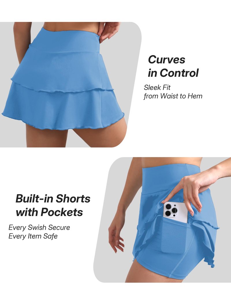 DLOODA Tennis Skirt for Women, Double Ruffle Golf Skirt High Waisted Flowy Athletic Skort with Pockets Workout Pickleball Y2K Sky Blue