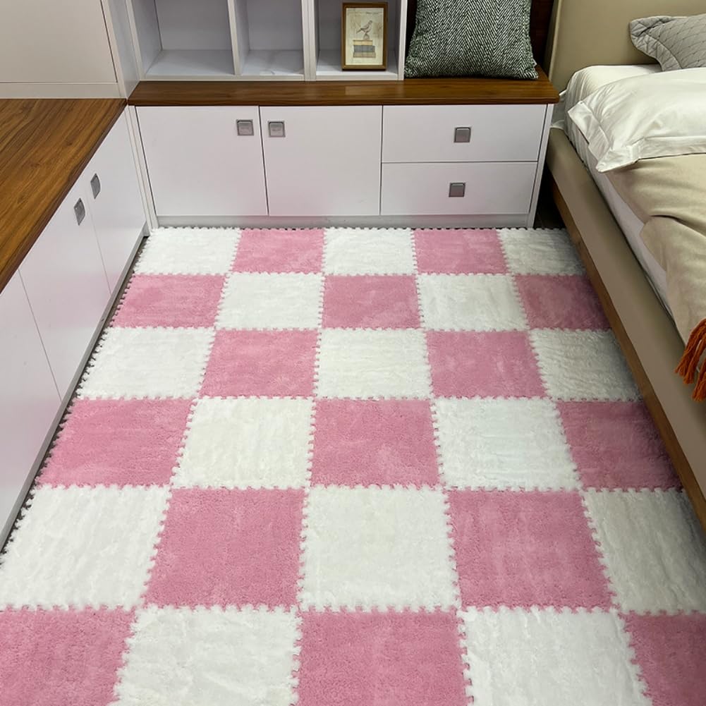 12pcs Carpet Squares Puzzle Floor Mat, Plush Interlocking Carpet Tiles, Anti Slip EVA Foam Jigsaw Floor Tiles, Build A Safe Area for Bedroom Playroom (Pink+White)