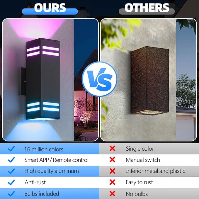 SHIMR Smart Outdoor Lights Color Changing 2 Pack, RGB+2700K-6500K Outdoor Wall Sconce Square Aluminum Exterior Lighting Fixtures Waterproof, APP Control Up and Down Lights [ETL Listed]