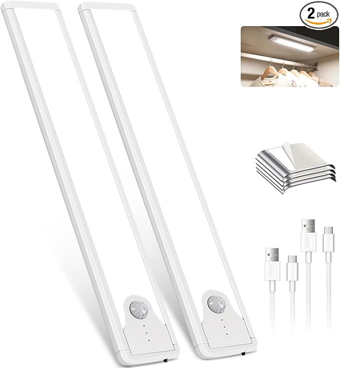 Pak 8 Inch Under Counter Cabinet Lighting, 41 LED Battery Operated Motion Sensor Light, Dimmable Closet Lights, USB Rechargeable, Wireless Magnetic Under Counter Light for Kitchen, Bathroom, 2 Packs