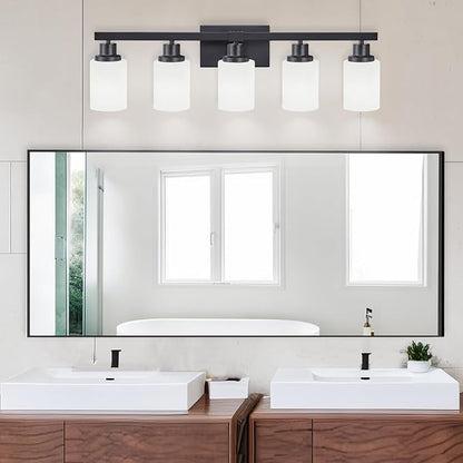 Bathroom Vanity Light, 5-Light Vanity Lighting Fixture Over Mirror for Bathroom, 30" Matte Black Wall Light Fixture, Wall Sconces with Frosted Glass Shade for Mirror Bedroom Living Room