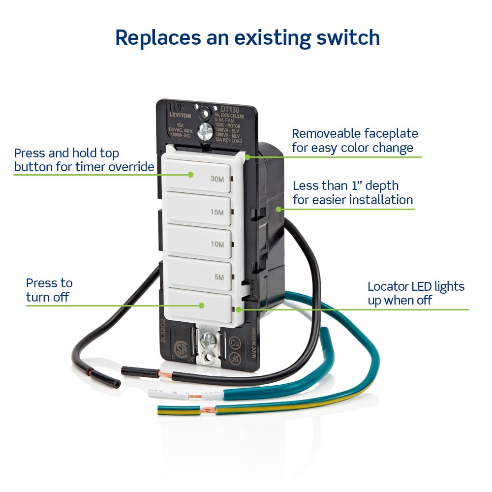 Leviton Countdown Timer Switch for bathroom fan and household lights, 5-10-15-30 min, No Neutral Required, Single Pole, 15A, 1/2 HP/9.8A Fan/Motor, DT130-1LW, White