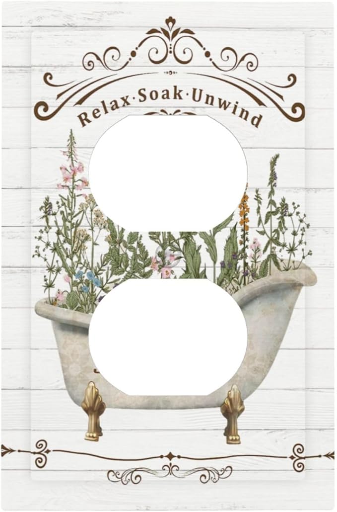 Rustic Farmhouse Wooden Board Botanical Flower 1 Gang Duplex Receptacle Switch Wall Plate Decorative Switchplate Outlet Covers Electrical Plug Cover Faceplate for Bathroom Home Decor