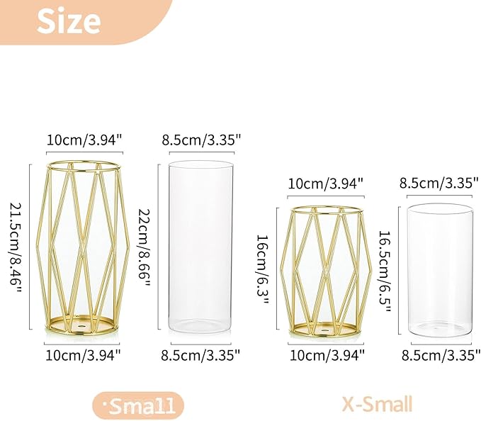 Nuptio Gold Pillar Candle Holder: 2 Pcs Glass Hurricane Candles Holders with Geometric Metal Rack Stand for Wedding Birthday Party Centerpieces - Decorative Flower Vase for Office Living Room