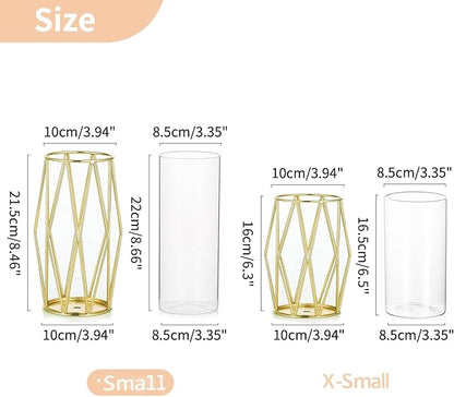 Nuptio Gold Pillar Candle Holder: 2 Pcs Glass Hurricane Candles Holders with Geometric Metal Rack Stand for Wedding Birthday Party Centerpieces - Decorative Flower Vase for Office Living Room