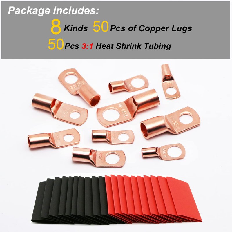 TKDMR 100Pcs Copper Wire Lugs AWG 6 8 10 12 with Heat Shrink Set, 50Pcs Battery Cable Lugs Battery Cable Ends Ring Terminals Connectors with 50Pcs Heat Shrink Tubing