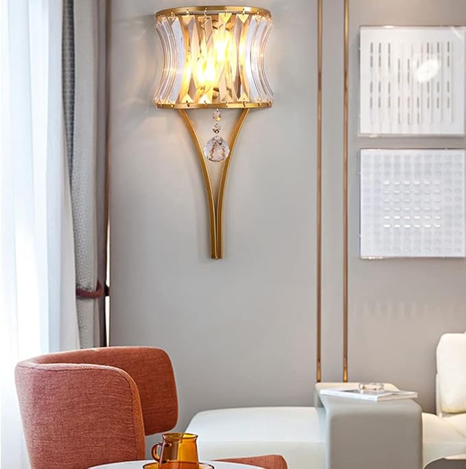 Modern Crystal Wall Light Gold Crystal Wall Sconces Light Mid-Century Vanity Light Indoor Elegant Glass Wall Lighting Fixtures for Bedroom Living Room Hallway Entryway