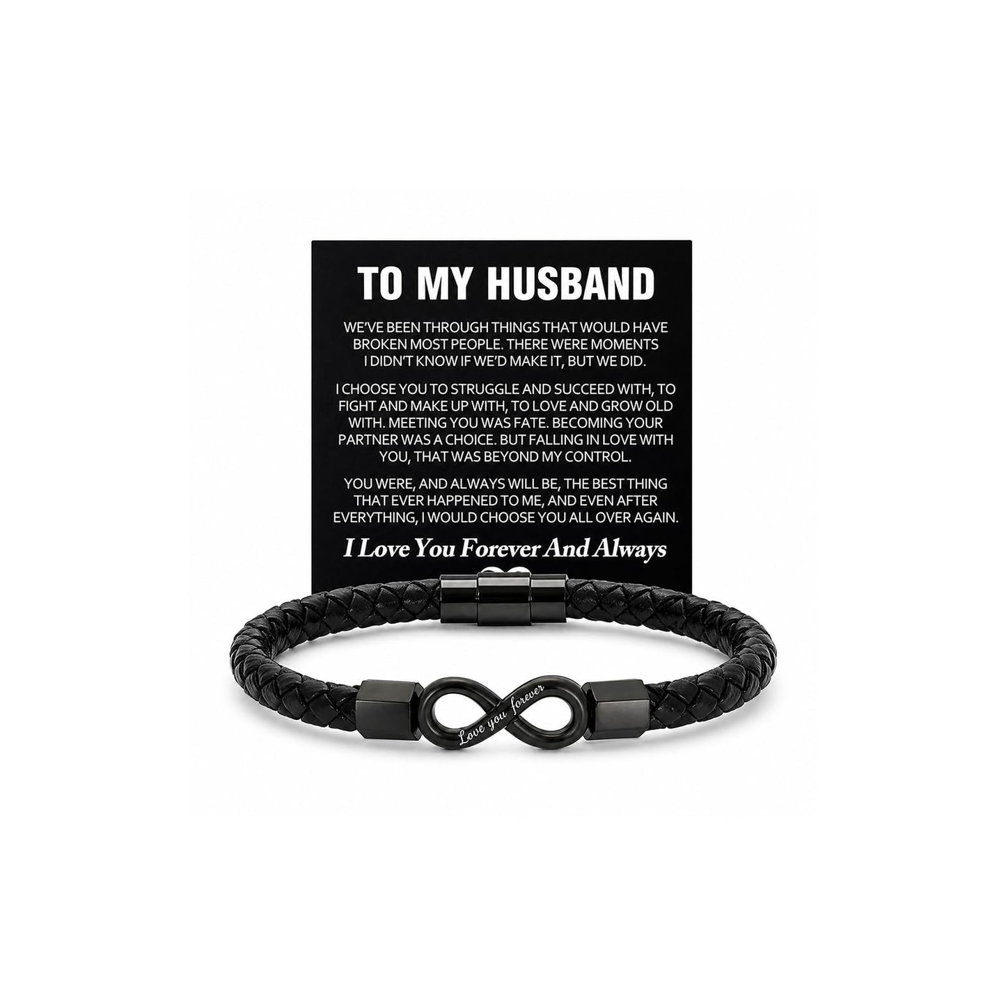 To My Husband Bracelet, Stainless Steel Engraved Love You Forever Black Braided Leather Promise Wristband Bracelets With Encouragement Message Card Anniversary Birthday Jewelry Gift (Husband Infinity-21)