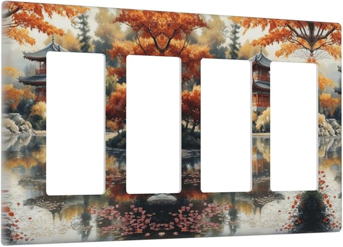Decorative Art Light Switch Covers Lake & Pagoda in Fall 4 Gang Rocker Decora Outlet Covers Electrical Faceplate GFCI Wall Plate for Home Decor