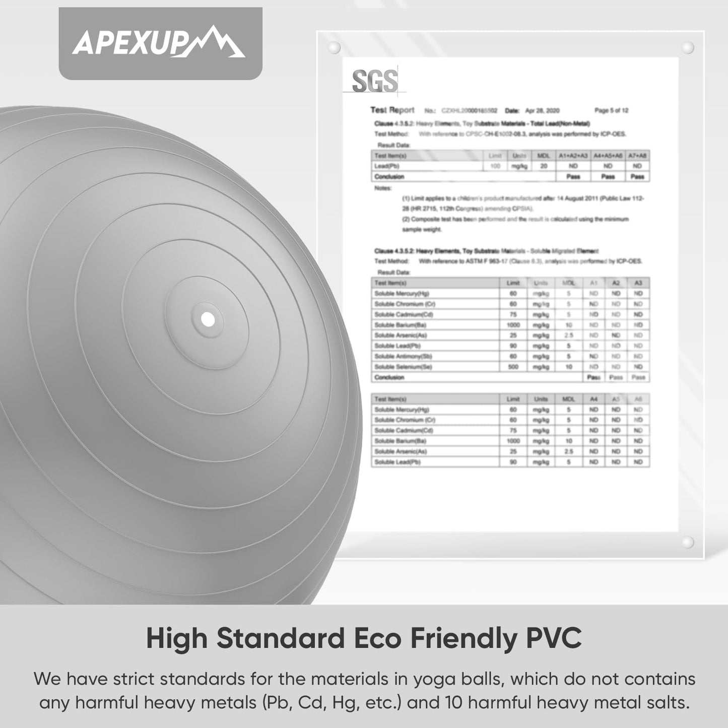 APEXUP Yoga Ball, 660 lbs Anti-Burst Exercise Ball with Pump, 5 Sizes (S (15"~18") 45cm, Silver)