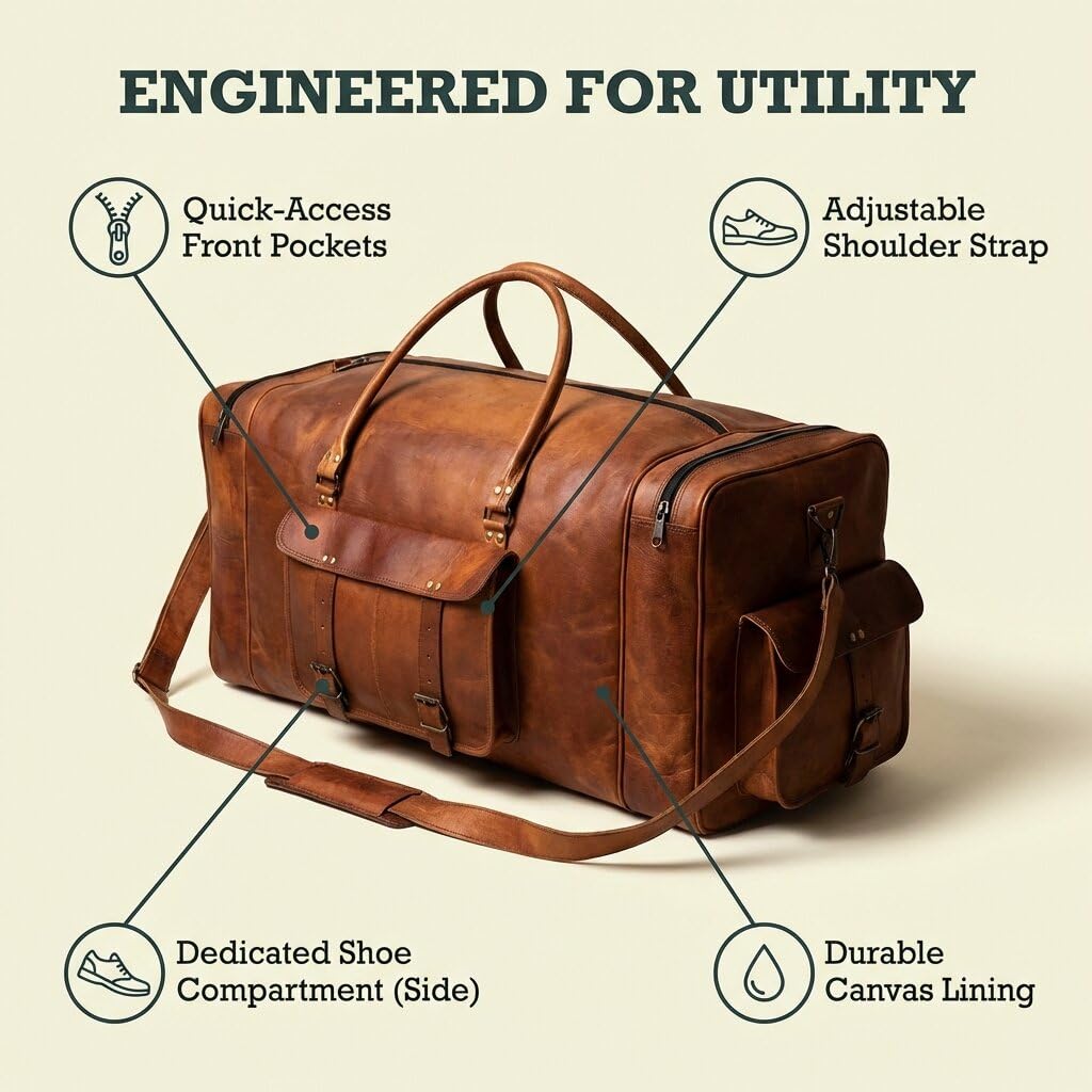 Leather 24 Inch Luggage Handmade Duffel Bag Carryall Weekender Travel Overnight Gym Sports Carry On Duffel Bag For Men And Women