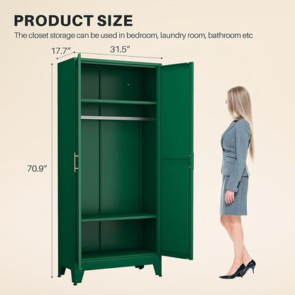 winiowa Metal Armoire Wardrobe Closet with 2 Mirror Doors, 71" Wardrobe Cabinet with Adjustable Shelves and Hanging Rod, Clothing Storage Cabinet Closet with Mirror for Bedroom-Green