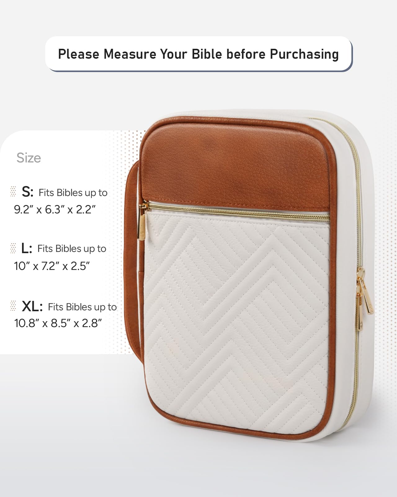 BellaHold Quilted Vegan Leather Bible Cover, Color-Blocked Bible Cover Case for Women, Bible Carrying Case with Handle, Bible Study Supplies & Christian Gift for Women and Girls (White & Brown, TS/S)
