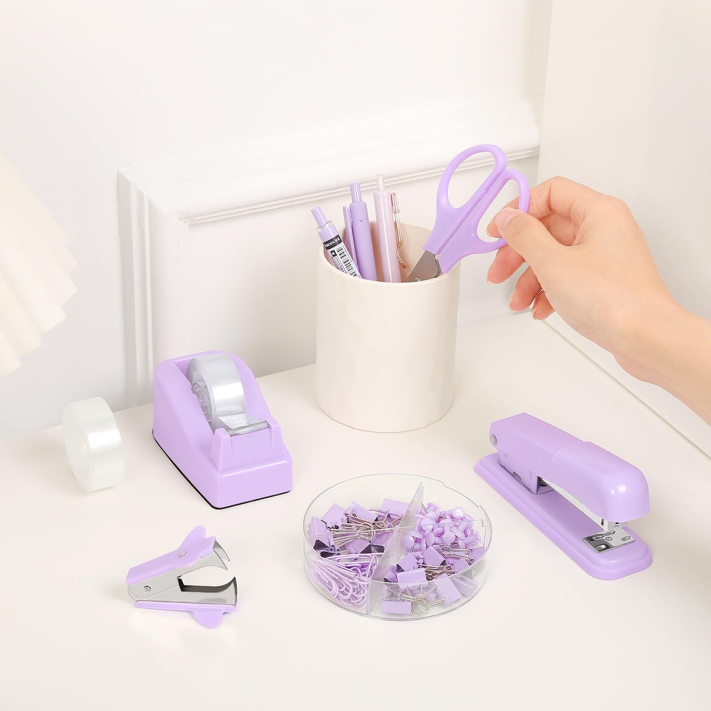 SKYDUE Purple Desk Accessories, Purple Office Supplies Set, Stapler, Tape Dispenser, Scissors, Binder/Paper Clips and 1000pcs Staples,Office Supplies for Women