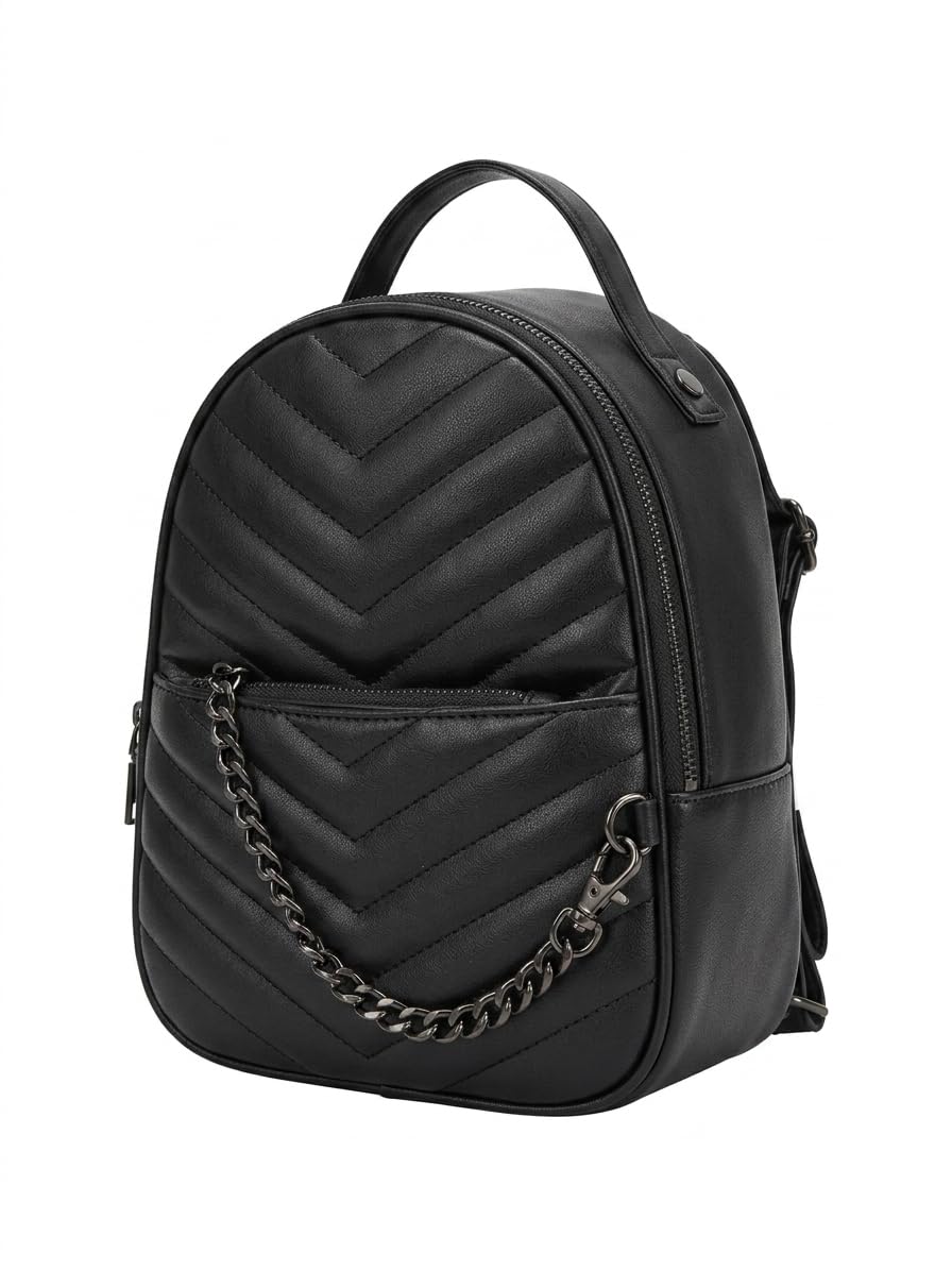 Quilted Mini Backpack, Black, Faux Leather, Chevron Pattern, Chain Detail, Top Handle, Everyday Backpack