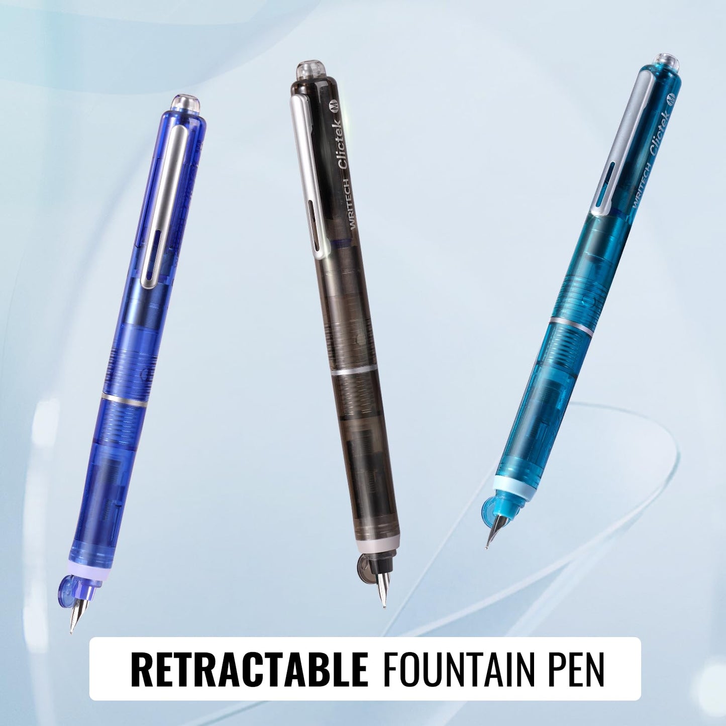 WRITECH Clictek Fountain Pen Set: Retractable Style Blue Ink Medium Nib Transparent Barrel, Includes 5 Ink Cartridges for Gift Set, Smooth Writing No Leaking