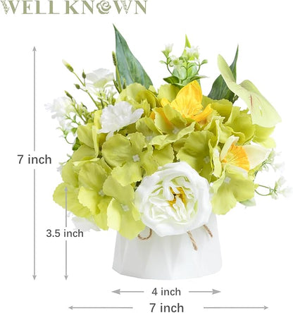WELL KNOWN Small Fake Flowers in Plastic Vase 7" Centerpieces Coffee Table Decor, Green White Silk Flower Arrangements for Home Decor Indoor Artificial Flower Bouquet for Dining Room Kitchen Wedding