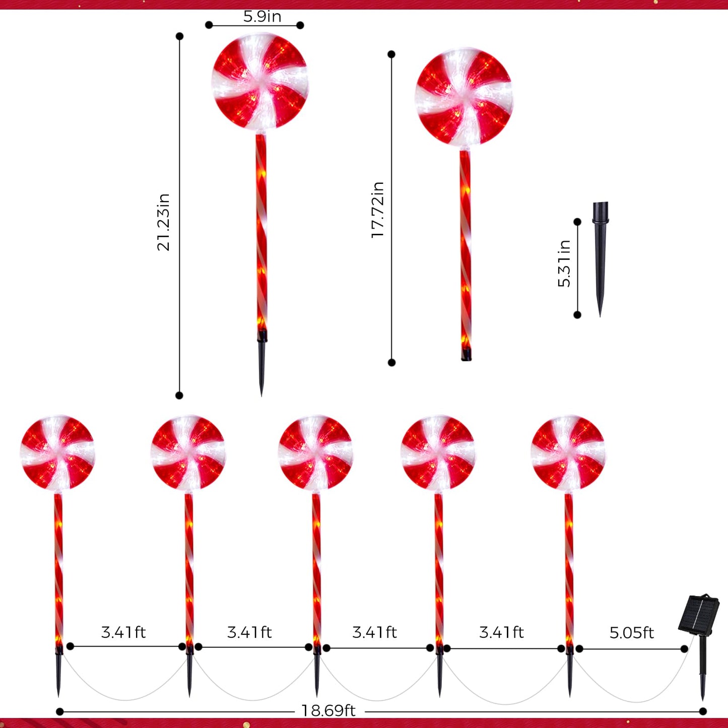 Outdoor Christmas Decorations Solar Pathway Lights, Set of 5 Lollipops Peppermint Stake Lights, 8 Modes Candy Cane Walkside Lights, Outdoor Xmas Decoration for Walkway,Yard (5PCS-Red)