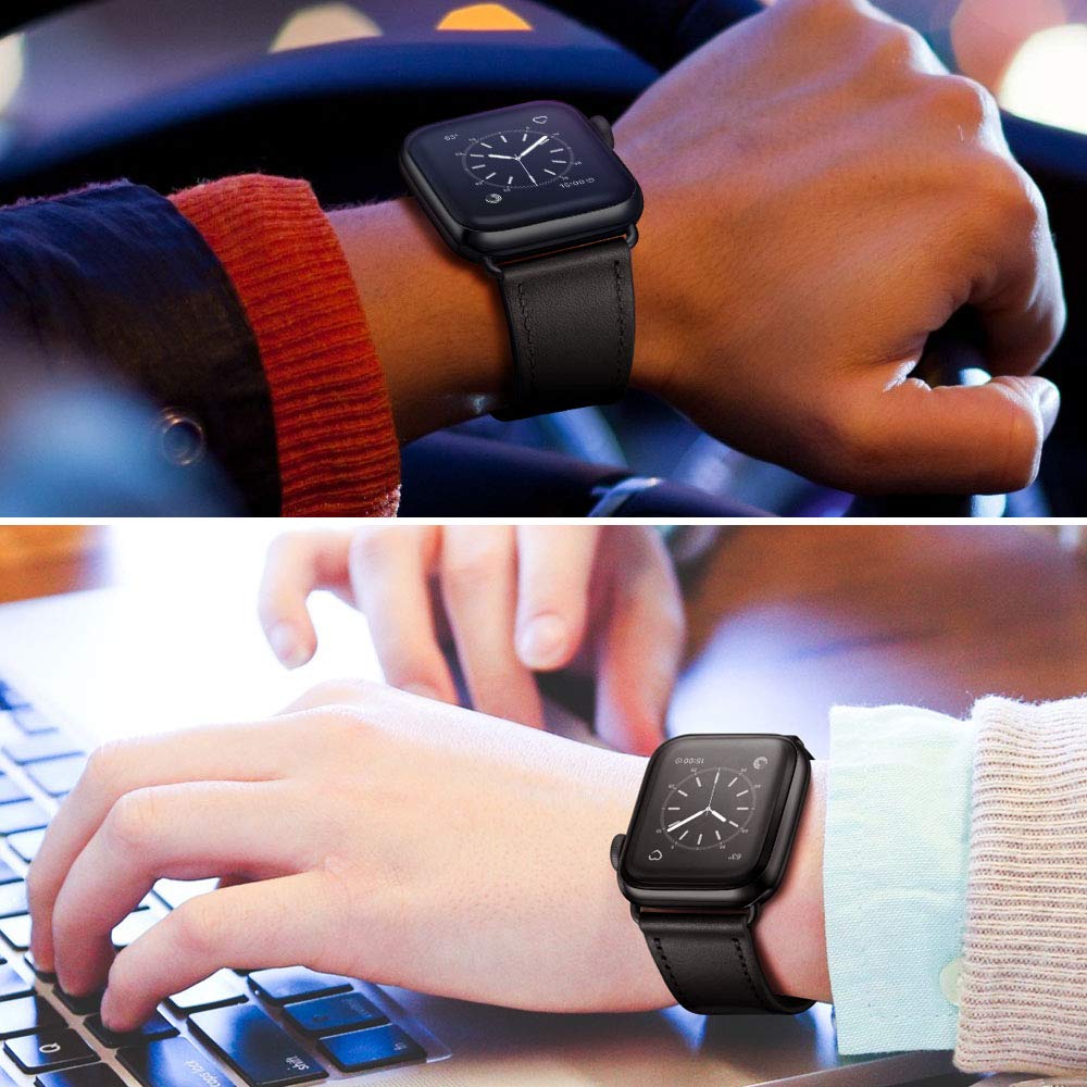 OUHENG Leather Bands Compatible with Apple Watch Band 42mm 41mm 40mm 38mm, Genuine Leather Strap Compatible with Apple Watch Series 11/10/9/8/7/6/5/4/3/2/1 & SE3 SE2 SE, Black/Black