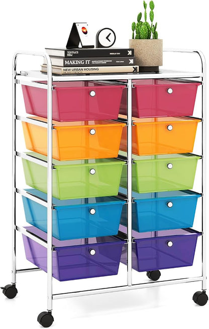 LDAILY 10 Drawer Rolling Cart, Storage Cart Organizer on Wheels, Drawer Cart with Metal Frame & Large Storage Capacity, Rolling Cart with Drawers for Living Room Classroom, Office
