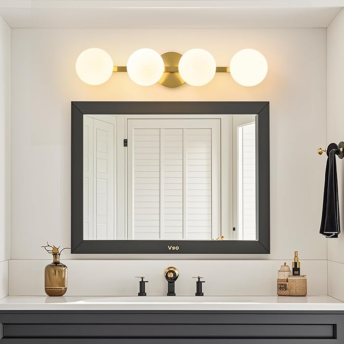 Bathroom Vanity Mirror Light Fixtures: 4 Lights Bath Wall Sconce Lighting - Brass Gold Vanity Lights with Milk Glass Shade - Modern Minimalist Makeup Light Fixture Above Mirror for Hallway E26 Base