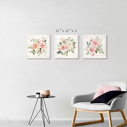 Pink Floral Canvas Wall Art: Roses Flowers Bouquet Pictures Artwork for Kitchen Bathrooms (12"x12"x3pcs)