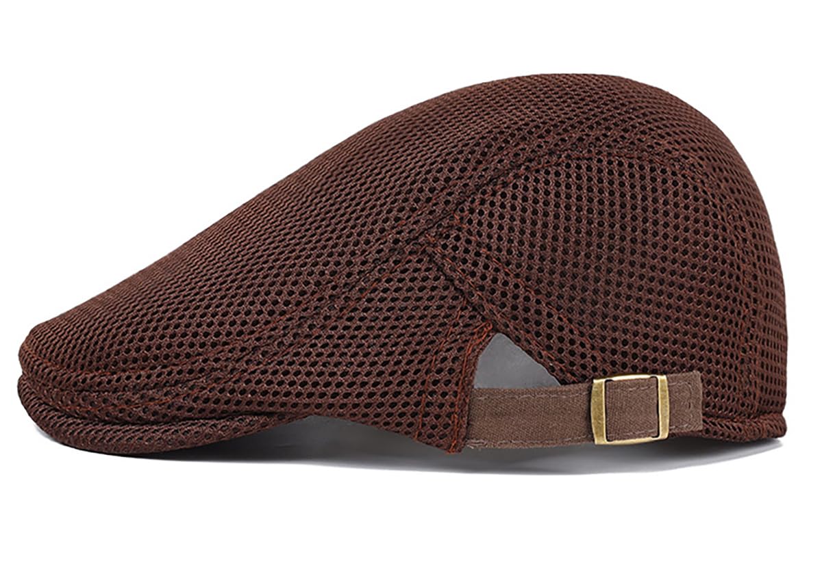 DIYDECAL Mens Breathable Mesh Summer Hat Adjustable Newsboy Beret Ivy Cap Cabbie Flat Cap Brown
