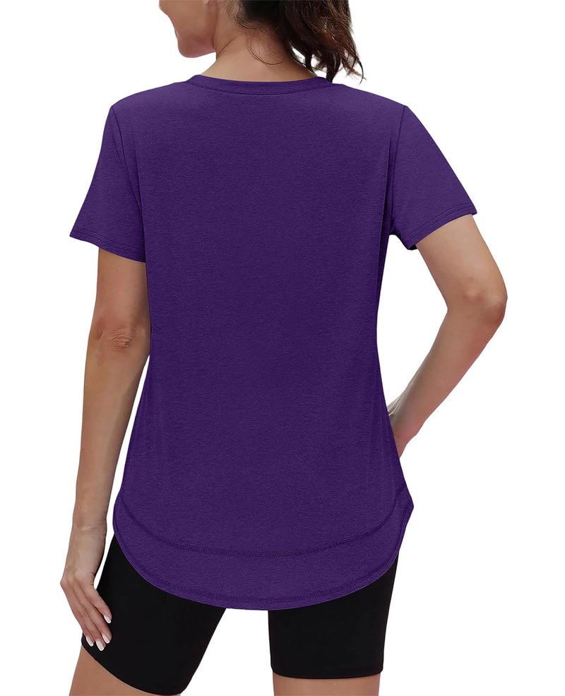 Summer Tops for Women 2026 Short Sleeve Workout Clothes Athletic Shirts Pilates Outfits Camisetas Deportivas para Mujer V Neck Purple L
