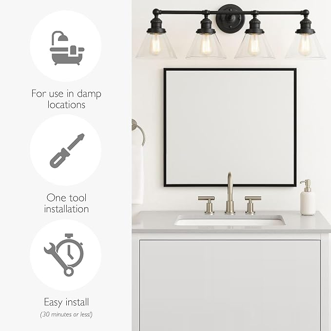 Design House Augustin Vanity Light, 4-Light, Seeded Glass Warm Glow, Dimmable, Up/Down Glow, Easy Installation, E26 Socket, Black, 34.9 in L x 8.3 in D x 11.1 in H, 589044-BLK