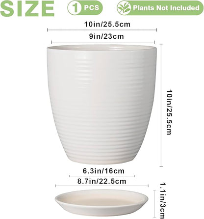 10 Inch Ceramic Planter Pot - Large Plant Pot with Drainage Hole and Saucer, Modern Round Flower Pots for Indoor Outdoor Plants, Garden Planter, White