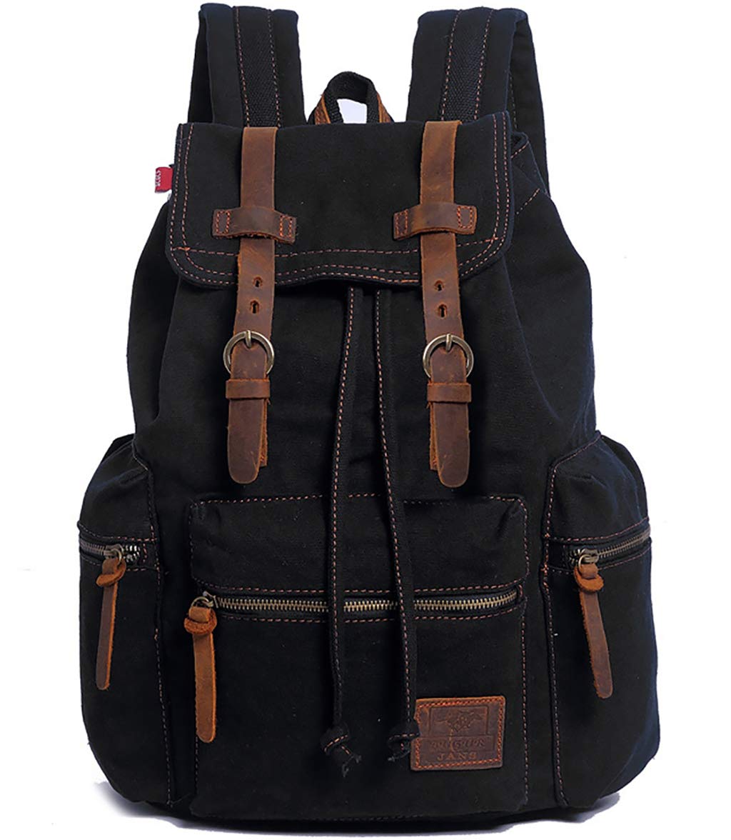 HuaChen Vintage Canvas Travel Backpack with Leather Trim, Laptop Padded Sleeve, Hidden Back Security Pocket, Fits 14-Inch, M32 Black