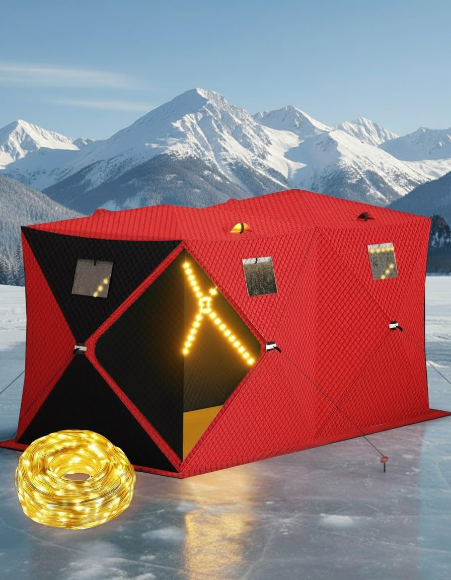 Garvee Pop Up Ice Fishing Shelter and Insulated Ice Fishing Tent with 49ft LED Light Strip, Windproof Portable Hub Design, Fits 3-4 People, 35 sq ft Fishable Area, Red+Black