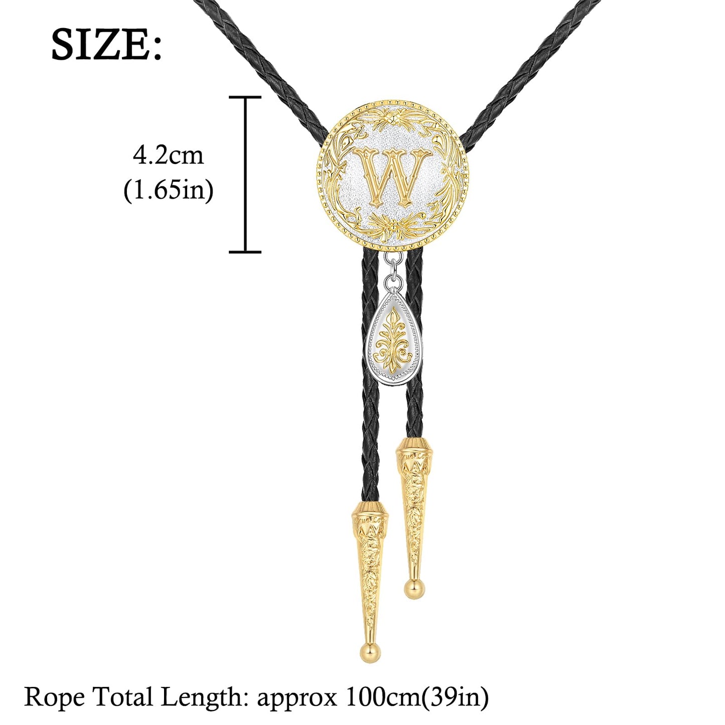 HUABOLA CALYN Western Bolo Tie for Men Gold Initial Letter A to Z Native American Bola Ties Rodeo Cowboy Leather Necktie Western Necklace Costume Accessories for Men,Women (W)