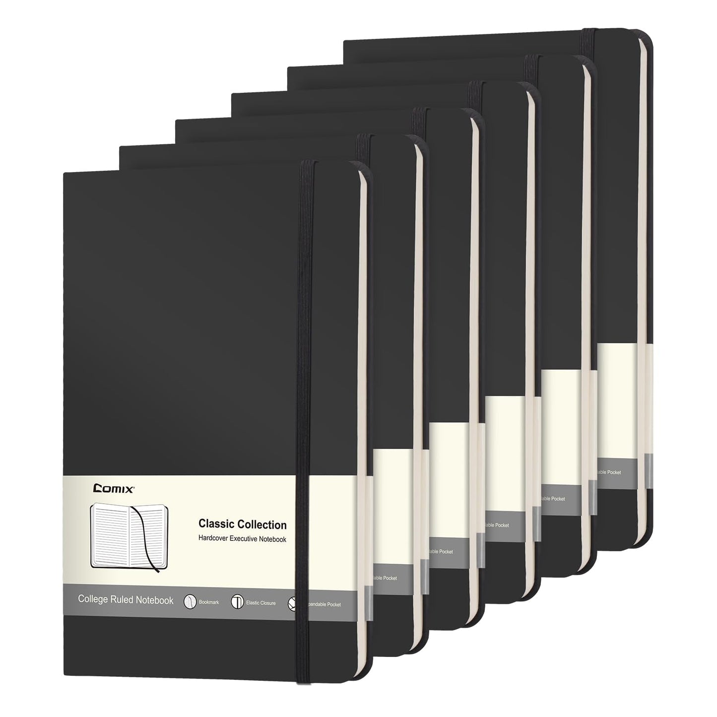 Comix 6 Pack Lined Journal Notebooks for Work, 240 Pages, 5.5"x8.3", Black, Hardcover, A5 Medium College Ruled, Journaling Notebooks for Notes-Taking, Fits for Office School Home