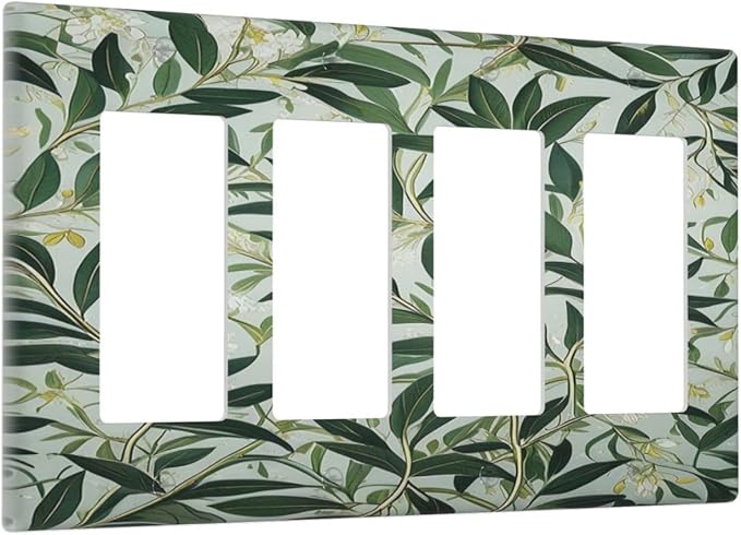 Sage Eucalyptus Leaves Foliage Light Switch Cover 4 Gang Rocker Decora Outlet Covers Wall Plate Decorative Switchplate Electrical Faceplate GFCI for Farmhouse Living Bedroom Decor