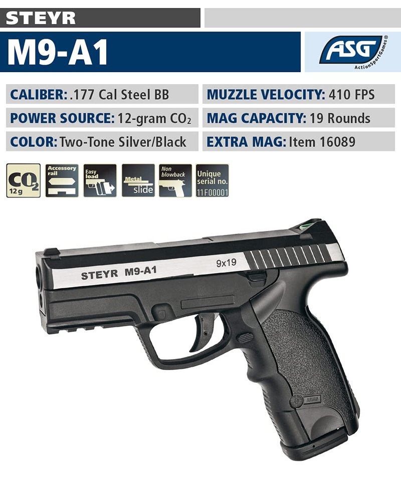 ASG Steyr M9-A1 .177 Caliber Steel BB Gun Non-Blowback Air Pistol, Silver/Black