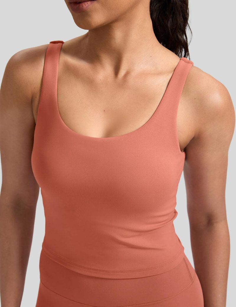 HeyNuts Zeal Bra Womens Scoop Neck Longline Sports Bras, U Back Medium Impact Wirefree Workout Athletic Running Basic Gym Yoga Crop Tank Tops Padded Camisole with Built in Bras Paprika S