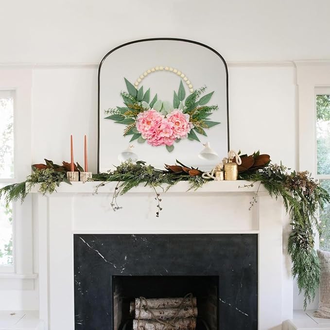 Spring Wreath 10" Artificial Floral Wood Bead Eucalyptus Leaves Peony Hydrangea Wreath for Front Door Boho Farmhouse Wall Decor 2 Pack - Pink