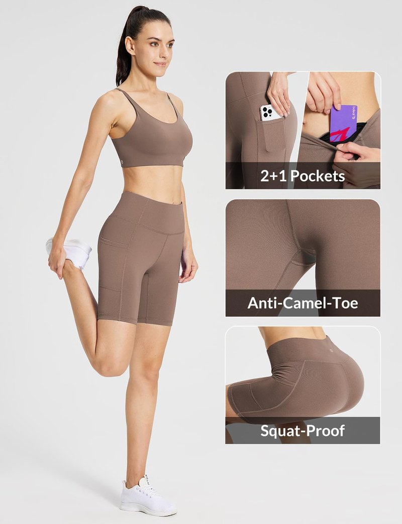 baleaf Workout Shorts Women 5" Biker Yoga Gym Spandex Running Volleyball Compression Short with Pockets Khaki XXL
