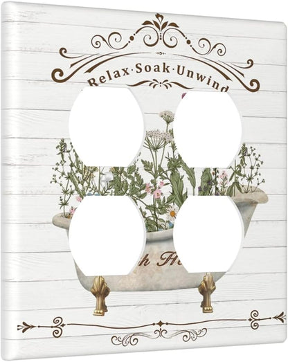 Decorative Light Switch Cover Plate Rustic Farmhouse Wooden Board Botanical Flower 2 Gang Socket Covers Double Duplex Wallplates Switch Plates and Outlet Covers for Bathroom Home Decor
