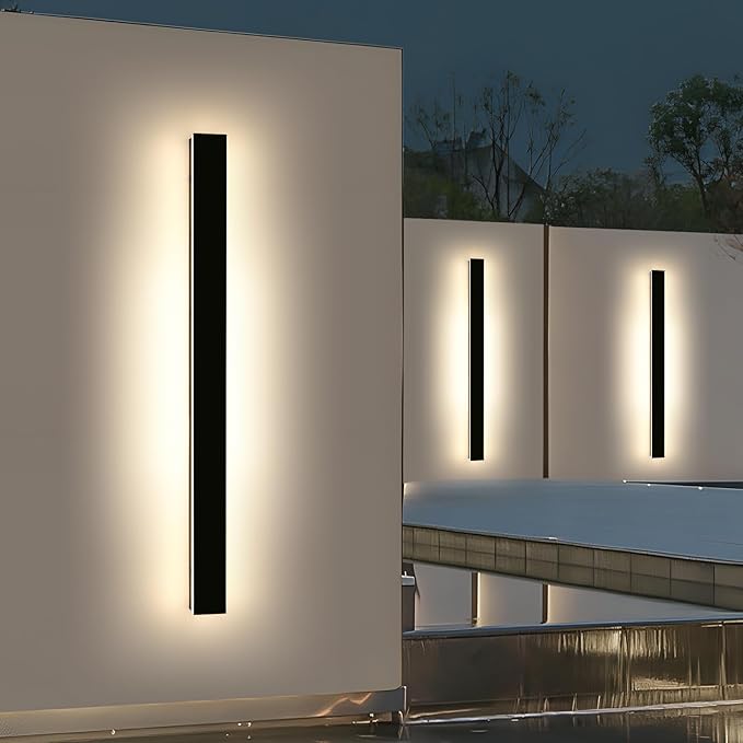 2 Pack 57inch Modern Outdoor Wall Lights, Long Strip Exterior LED Wall Sconce, 3000K Warm White, IP65 Waterproof, 50W, Black Outside Lighting Fixture for Porch, Garden, Fence, Balcony