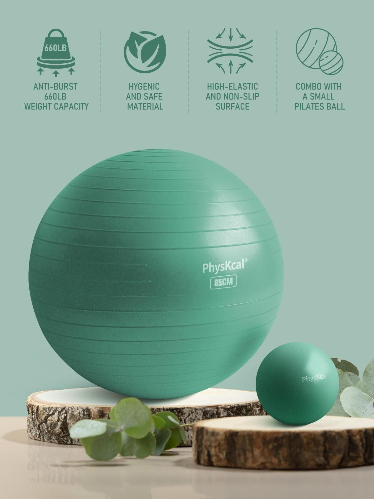 PhysKcal Exercise Ball Set, 33'' Yoga Ball for Pilates, Physical Therapy, Pregnancy-Swiss Ball for Physio, Stability, Fitness, Office Chair-Green