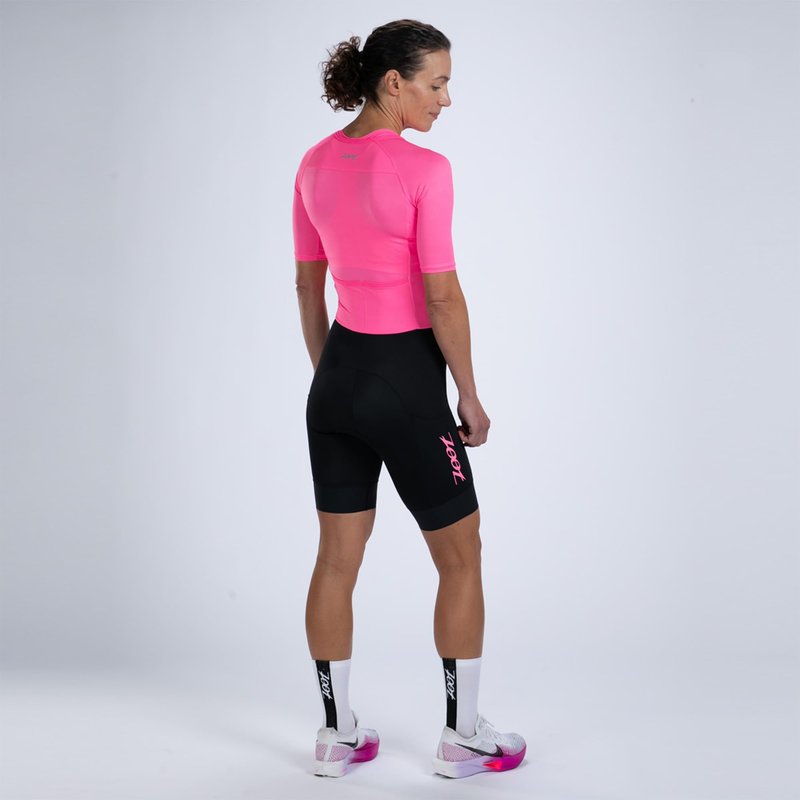Zoot Women’s Core Tri Aero FZ Racesuit, Short Sleeve Moisture-Wicking Triathlon Suit, Plush Chamois & Race Day Storage - Bright Pink - Large