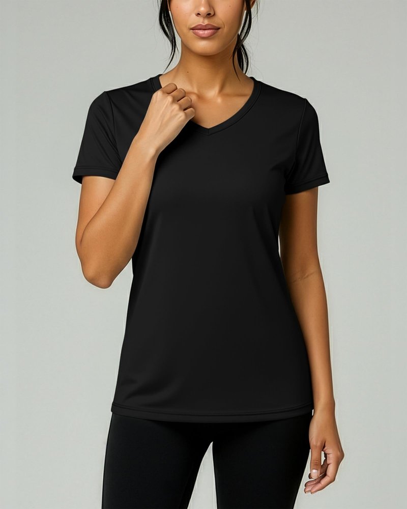 Real Essentials 5 Pack: Women's Dry-Fit Short Sleeve V Neck T Shirt Workout Fitness Yoga Top Tee, Set 5, S