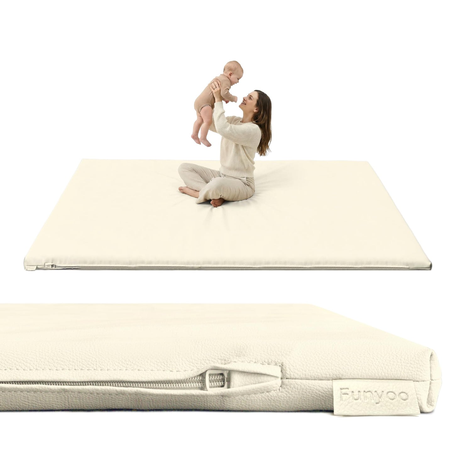 Funyoo Vegan Leather Baby Play Mat, 71x59 Thick Cushioned Waterproof Playpen Mat, Stylish Removable Cover Floor Mat for Babies & Toddlers, Soft Padded Play Mat for Safe Crawling, 1.2" Thick, Cream