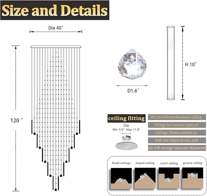 D40''X H120'' High Ceiling Chandelier Crystal Raindrop Big Chandeliers Staircase Large Chandelier Empire Entrance Foyer High Ceiling Pendant Chandelers Fixture LED Dimmable 2700K-4500K-6000K