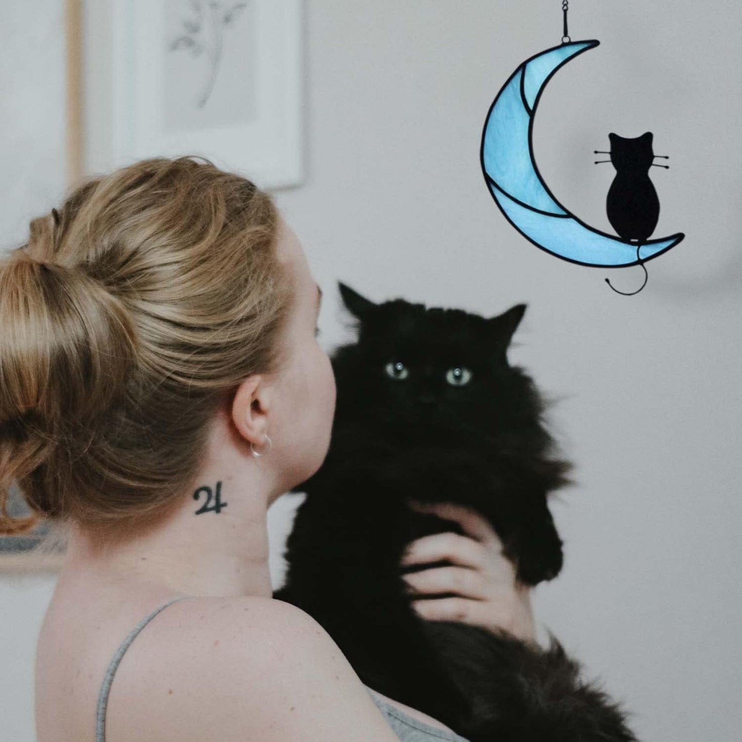 HAOSUM Black Cat Decor On Moon Suncatcher Decoration,Cat Memorial Gifts for Cats Lovers Stained Glass Window Hangingt,Cats Loss Sympathy Gift,Pet Memorial Gifts for Women