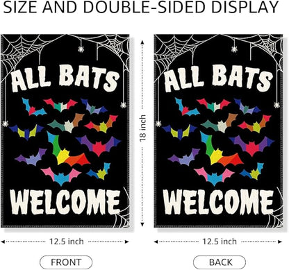 All Bats Welcome Garden Flag, Funny Equality Inclusive Yard Sign for Outside, LGBT Trans Pride Ally Flag, Halloween House Flags, Bat Fall Lawn Porch Outdoor Farmhouse Decor for Family Friend