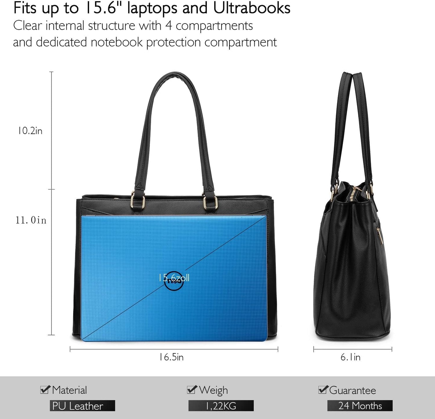 LOVEVOOK Laptop Tote Bag for Women 15.6 Inch Leather Work Bags with Large Cup Holder for Teacher Work Business,Black